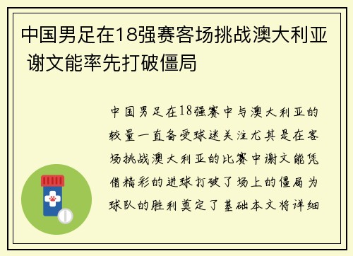 中国男足在18强赛客场挑战澳大利亚 谢文能率先打破僵局 中国男足在18强赛客场挑战澳大利亚 谢文能率先打破僵局